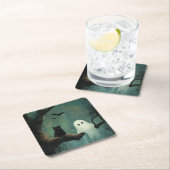 ハロウィーンキャットと幽霊 スクエアペーパーコースター (インサイチュ)