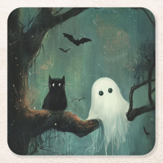 ハロウィーンキャットと幽霊 スクエアペーパーコースター