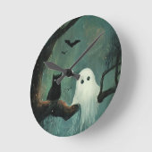 ハロウィーンキャットと幽霊 ラウンド壁時計 (傾斜)