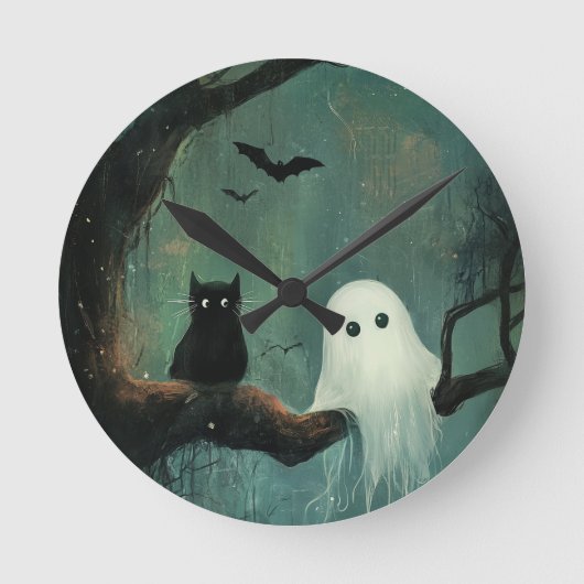 ハロウィーンキャットと幽霊 ラウンド壁時計 (正面)