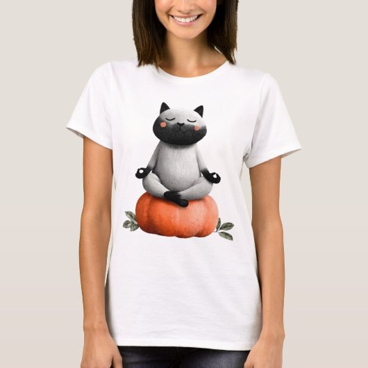 ハロウィーンキャットオンパンプキンデザイン Tシャツ (正面)