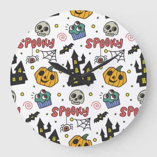 ハロウィーンキャラクターお洒落:シームレスなパターン ラージ壁時計 (正面)