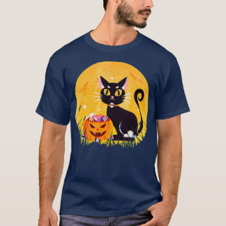 ハロウィーンキャンディブラックキャット怖いカボチャモーの上 Tシャツ