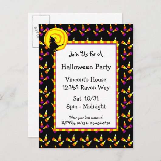 ハロウィーンキャンディーコーンとウィッチ招待状はがき インビテーションポストカード (正面/裏面)