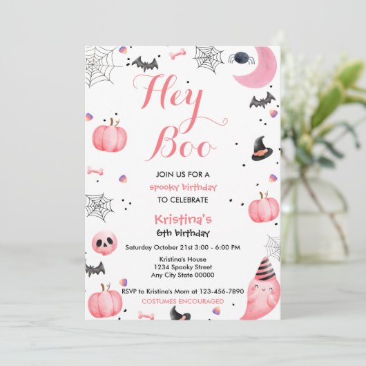 ハロウィーンキュートピンク幽霊誕生日スポオクタキュラー 招待状 (スタンド正面)