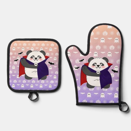 ハロウィーンキュートベビーパンダドラキュラヴァンパイア 鍋つかみ&鍋敷きセット (正面)
