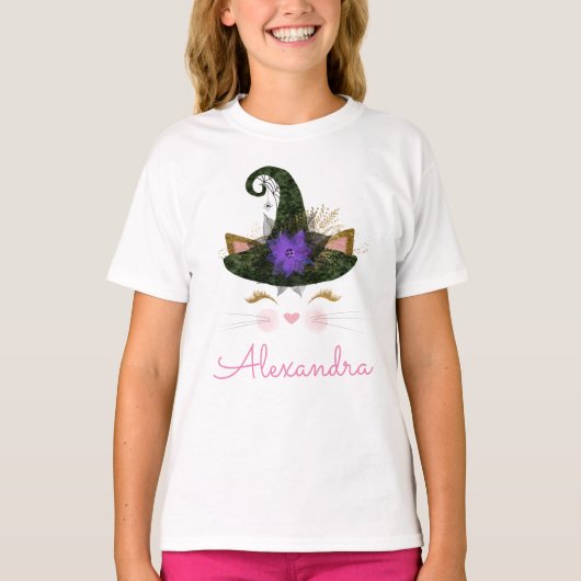 ハロウィーンキュートモノグラム子猫ウィッチ Tシャツ (正面)