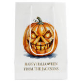 ハロウィーンギフト – 彫りカボチャ、カスタム文字 ミディアムペーパーバッグ (裏面)