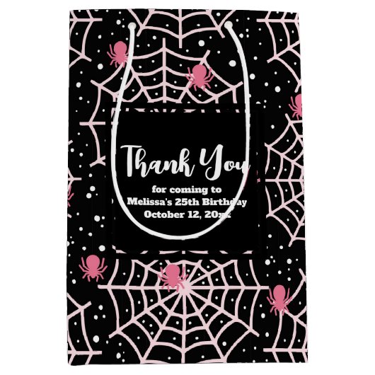 ハロウィーンクモの巣とクモの模様ありがとう ミディアムペーパーバッグ (正面)