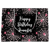 ハロウィーンクモの巣とクモの模様バートデイ ラージペーパーバッグ (正面)