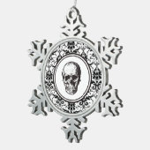 ハロウィーンクリスマスブラックダマスクパターンスカル スノーフレークピューターオーナメント (右)