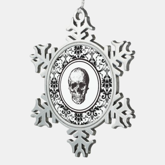 ハロウィーンクリスマスブラックダマスクパターンスカル スノーフレークピューターオーナメント (右)