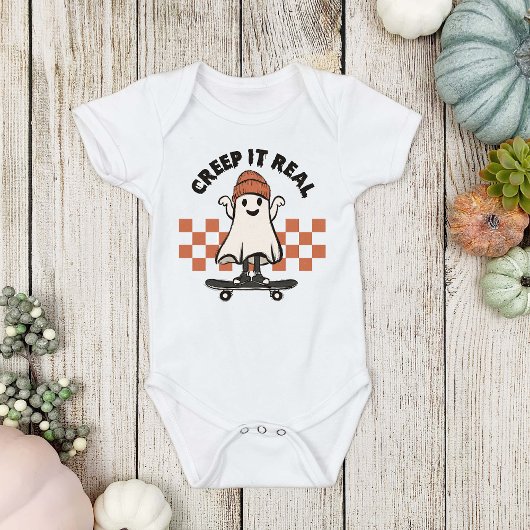 ハロウィーンクリープ実在it可愛いベビー幽霊スケートボード ベビーボディスーツ