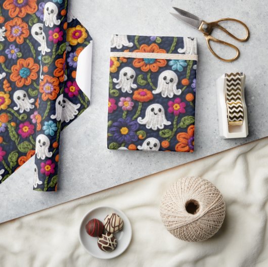 ハロウィーンクロシェスタイル幽霊と花 ラッピングペーパー (クラフト)