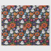 ハロウィーンクロシェスタイル幽霊と花 ラッピングペーパー (フラット)