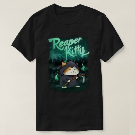 ハロウィーングリムリーパー子猫 Tシャツ (デザイン正面)
