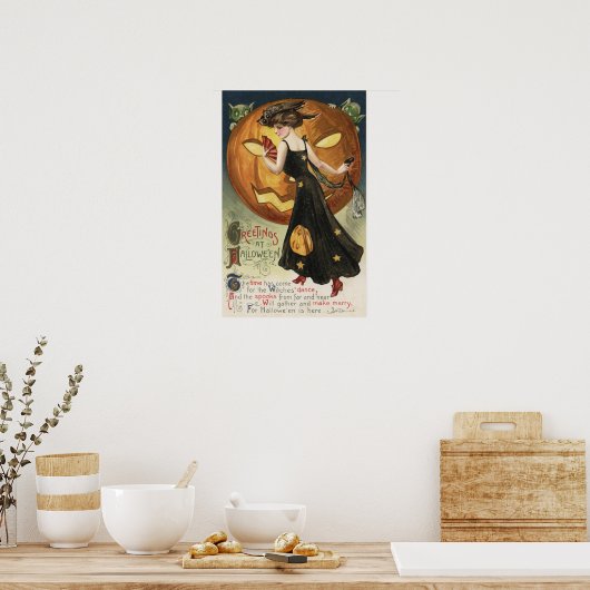 ハロウィーングリーティングウィッチ踊りとカボチャ ポスター (キッチン)