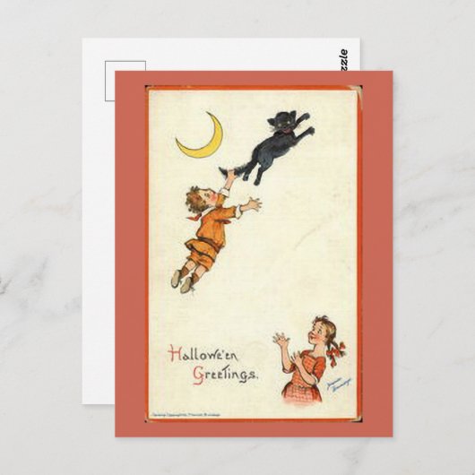 ハロウィーングリーティングボーイブラックキャットテールヴィンテージ ポストカード (正面/裏面)