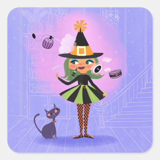 ハロウィーングリーンヘアウィッチラベンダー&ピンク スクエアシール (正面)