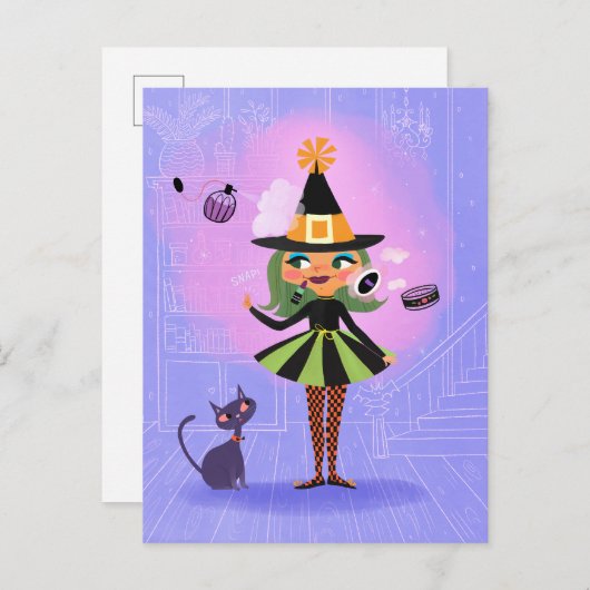 ハロウィーングリーンヘアウィッチラベンダー&ピンク ポストカード (正面/裏面)