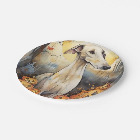 ハロウィーングレイハウンドとカボチャ怖い ペーパープレート (アングル)