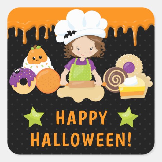 ハロウィーンケーキとベーキングブルネットガール スクエアシール (正面)