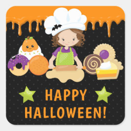 ハロウィーンケーキとベーキングブルネットガール スクエアシール