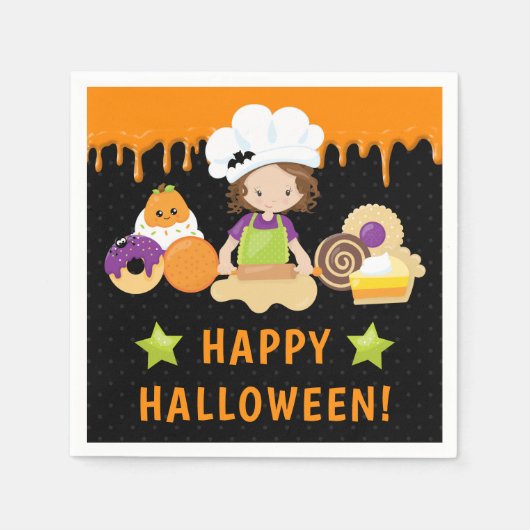 ハロウィーンケーキとベーキングブルネットガール スタンダードカクテルナプキン (正面)