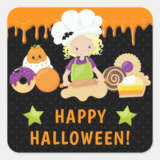 ハロウィーンケーキとベーキングブロンドガール スクエアシール (正面)