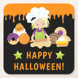 ハロウィーンケーキとベーキングブロンドガール スクエアペーパーコースター