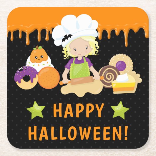 ハロウィーンケーキとベーキングブロンドガール スクエアペーパーコースター (正面)