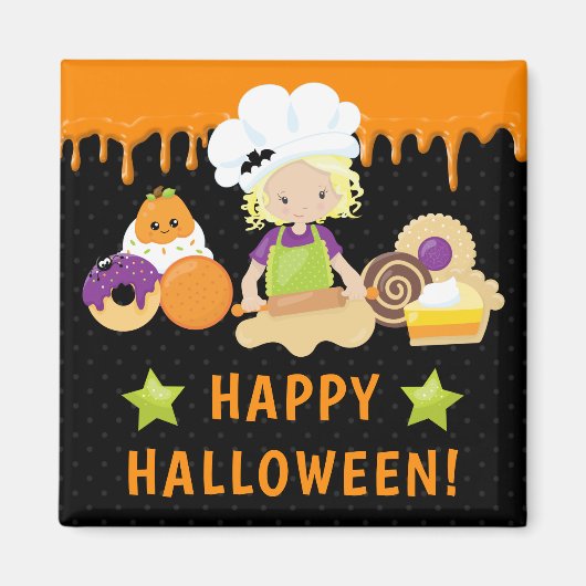 ハロウィーンケーキとベーキングブロンドガール マグネット (正面)
