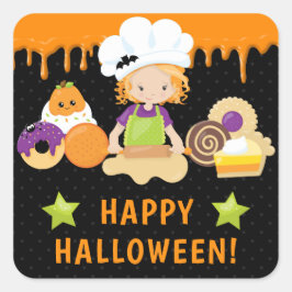 ハロウィーンケーキとベーキング赤毛ガール スクエアシール
