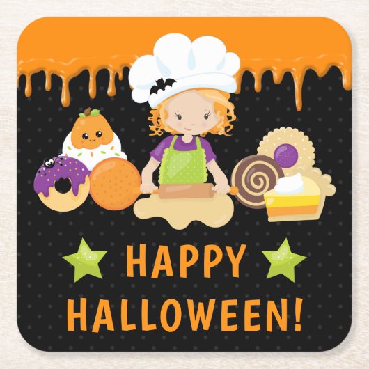 ハロウィーンケーキとベーキング赤毛ガール スクエアペーパーコースター (正面)