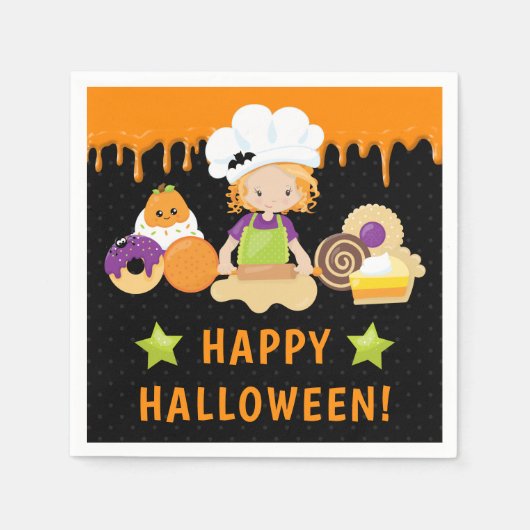 ハロウィーンケーキとベーキング赤毛ガール スタンダードカクテルナプキン (正面)