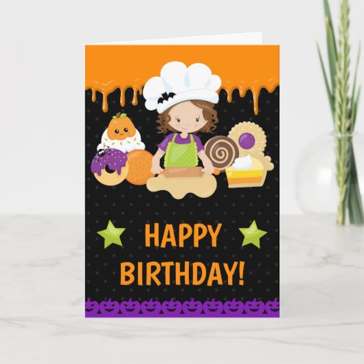 ハロウィーンケーキベーキングブルネットハッピーバースデー カード (正面)