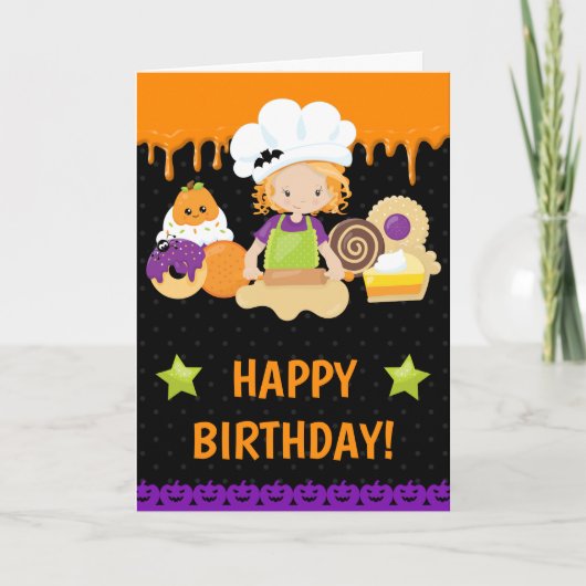 ハロウィーンケーキベーキングレッドヘッドハッピーバースデー カード (正面)