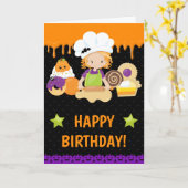 ハロウィーンケーキベーキングレッドヘッドハッピーバースデー カード (黄色い花)