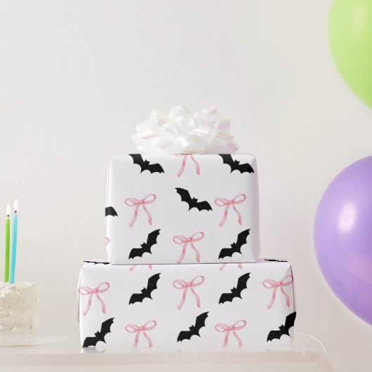 ハロウィーンコケットピンクボウとこうもり ラッピングペーパー (パーティーギフト)