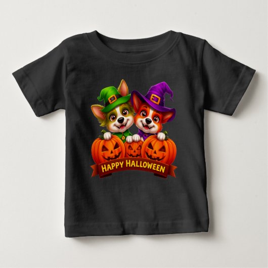 ハロウィーンコスチュームで愛らしい犬 ベビーTシャツ (正面)