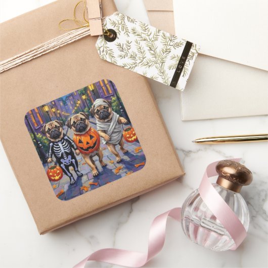 ハロウィーンコスチュームで犬のトリックまたは治療を引っ張る スクエアシール (ギフト)
