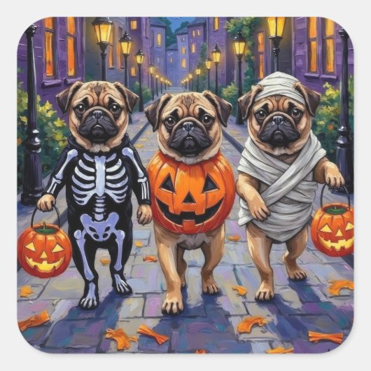 ハロウィーンコスチュームで犬のトリックまたは治療を引っ張る スクエアシール (正面)