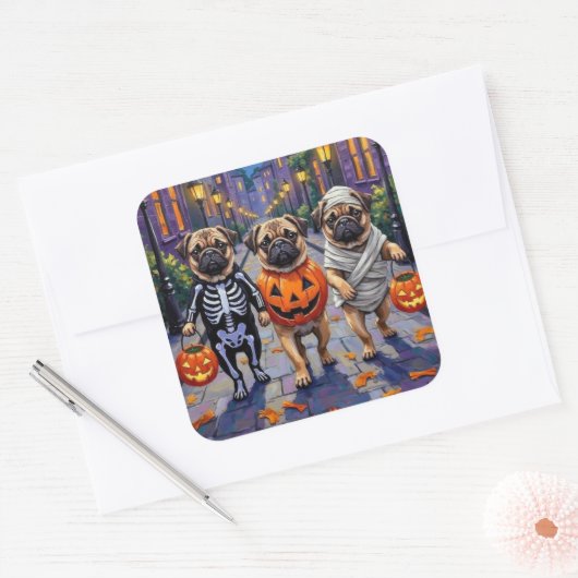 ハロウィーンコスチュームで犬のトリックまたは治療を引っ張る スクエアシール (封筒)