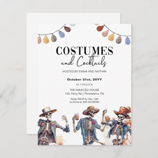 ハロウィーンコスチュームとカクテルスケルトンinvitati 案内状 (正面/裏面)