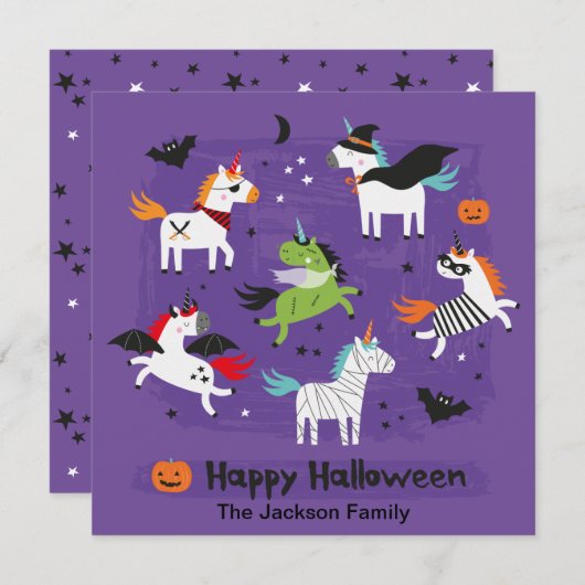 ハロウィーンコスチュームの可愛いユニコーン サンキューカード (正面/裏面)