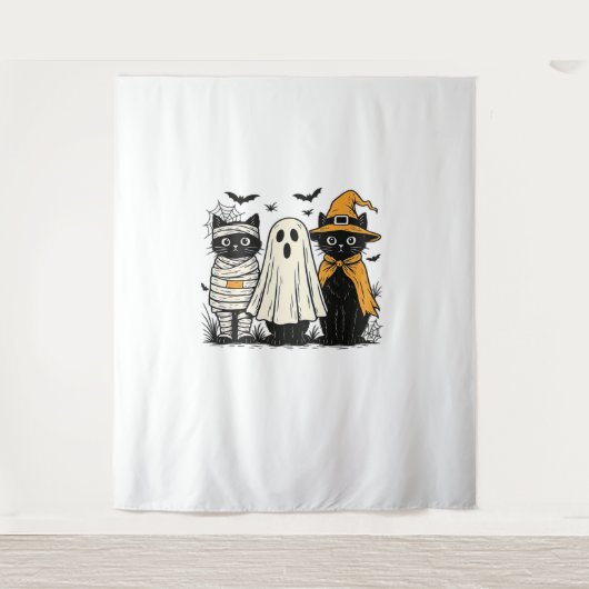 ハロウィーンコスチュームの黒猫 – 幽霊、魔女、 タペストリー (正面)