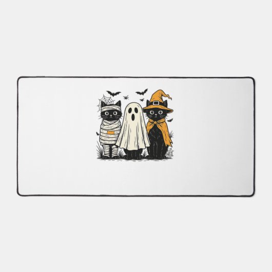 ハロウィーンコスチュームの黒猫 – 幽霊、魔女、 デスクマット (正面)