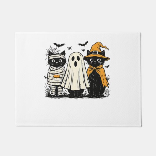 ハロウィーンコスチュームの黒猫 – 幽霊、魔女、 ドアマット (正面)