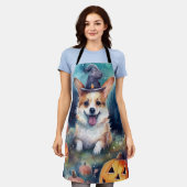 ハロウィーンコルギとカボチャ怖い エプロン (着用した状態)