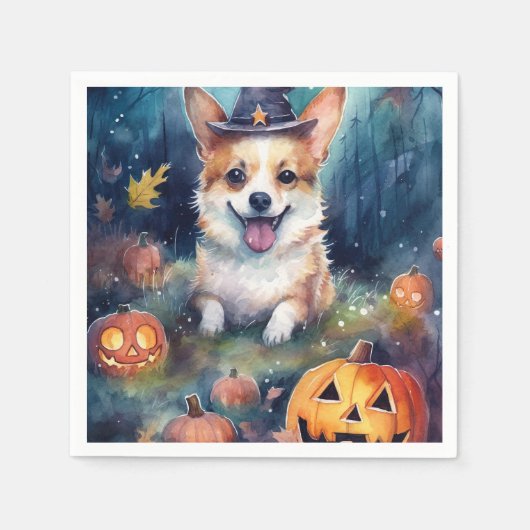 ハロウィーンコルギとカボチャ怖い スタンダードカクテルナプキン (正面)